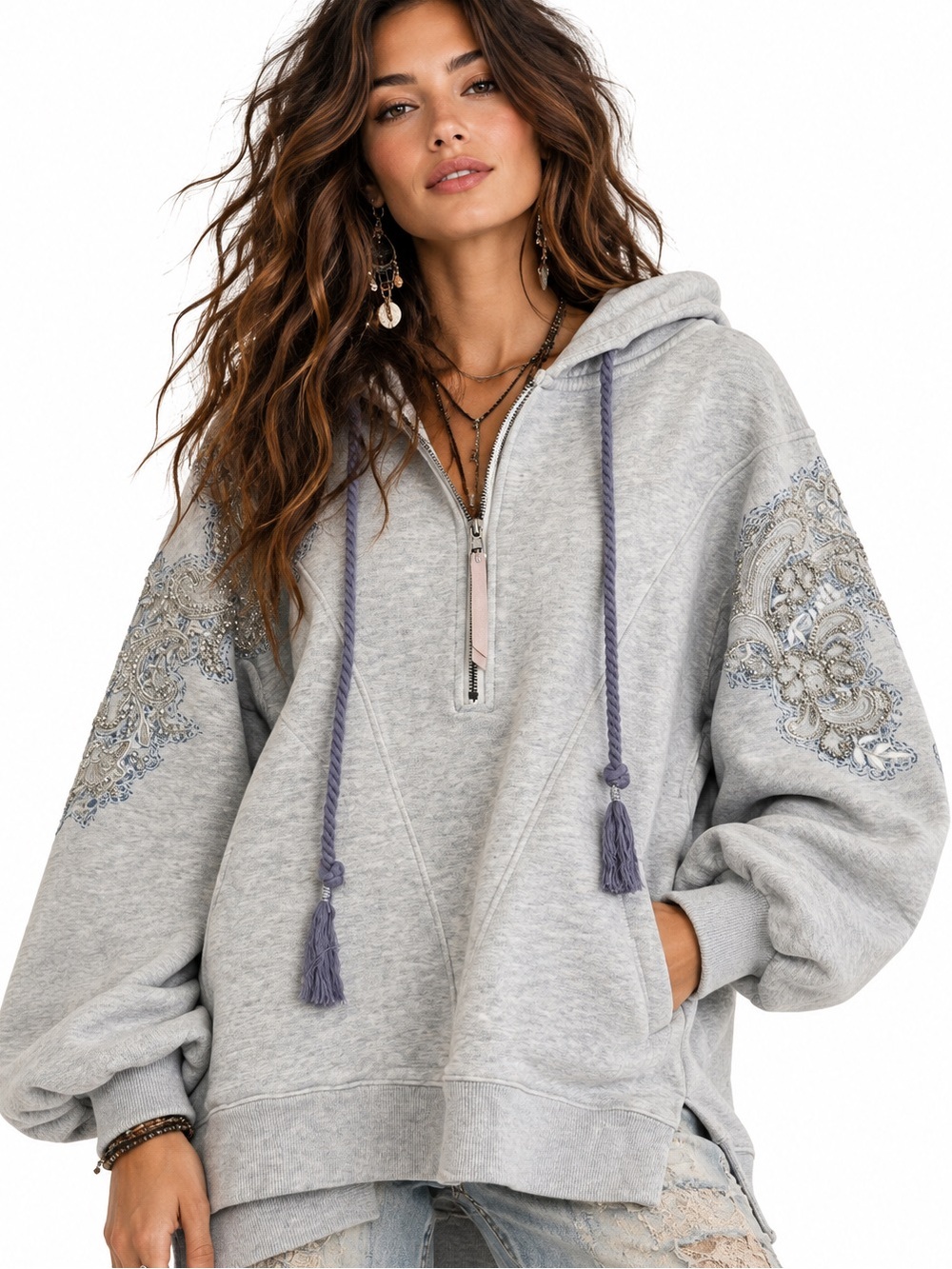 Free people Cozy Embroidered Hooded Pullover Sweatshirt - Light Gray